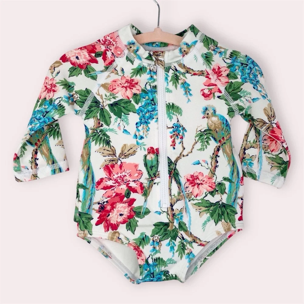 NWT Janie and Jack rash guard swimsuit white tropical floral w ruffles 0-3 month